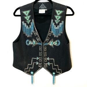 Vintage Boho Vest Medium Turquoise Beading Sequins Artsy Festival Hippie Western